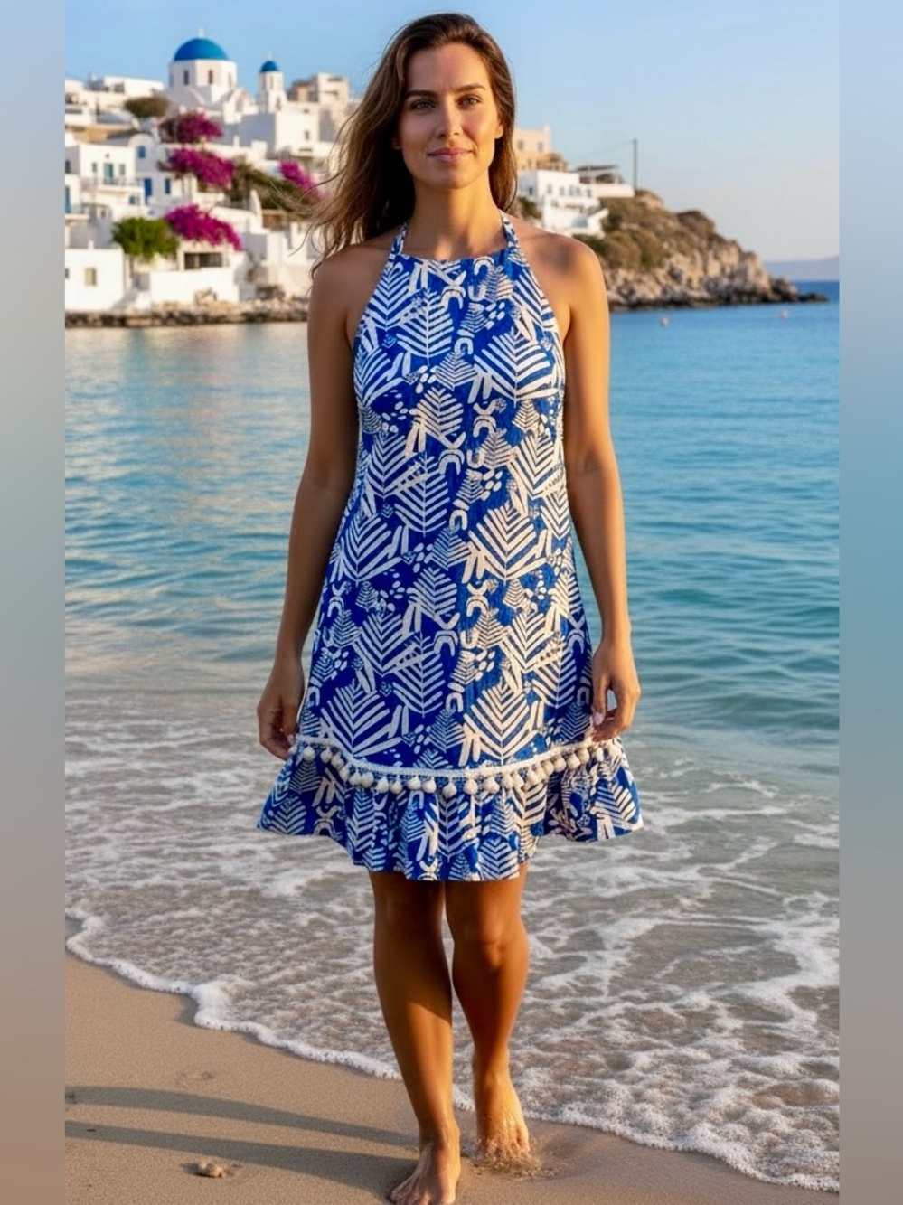 CK Bradley Mini Halter Sundress XS Blue White Pom Pom Trim Resort Wear Travel